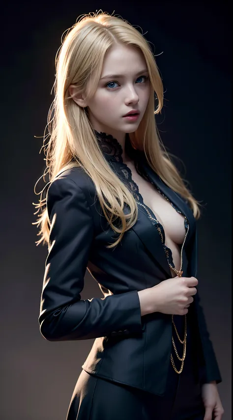 Best quality, masterpiece, ultra high res, (photorealistic:1.4), raw photo, 1girl, blonde hair, blue eyes, detailed eyes and face, black suit, dynamic lighting, in the dark, deep shadow, low key, cowboy shot full-lenght body