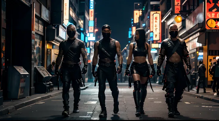 Group of ninja warriors in cyberpunk city and mechanical dragon fire