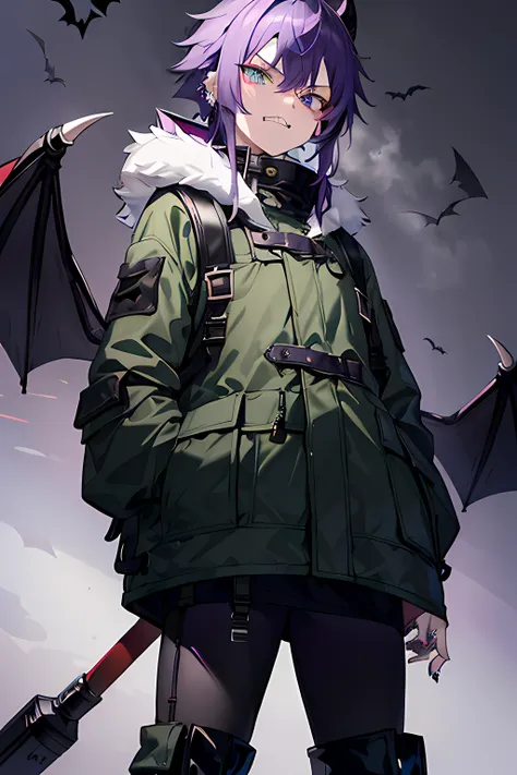 1guy, purple hair, grey ushanka, dark green down jacket, big black boots, sharp teeth, smug, big black backpack, small bat wings with piercings