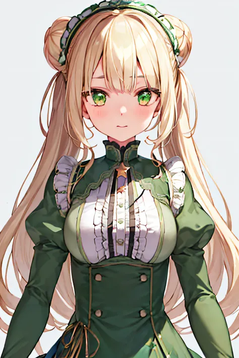 (masterpiece, best quality), vtuber-halfbody, blonde hair, green eyes, long sleeves, double hair bun, green shirt, puffy long sleeves, dress, puffy sleeves, frills, green dress,  star hair ornament, skirt, shirt, black hairband, upper body, (white backgoun...