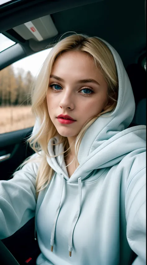 RAW photo, a 22-year-old blonde girl, upper body, selfie in a car, blue hoodie, inside a car, driving, lipstick, soft lighting, high quality, highres, sharp focus, extremely detailed, (sunlight on face), beautiful detailed eyes, masterpiece, cinematic ligh...