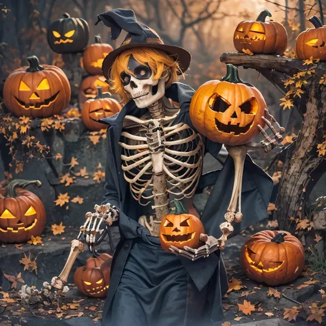 cobalt blue tones，skeleton sandalwood material（best qualtiy，8k pumpkin skeleton,masterpiece）when the skeleton pumpkin appears，on...