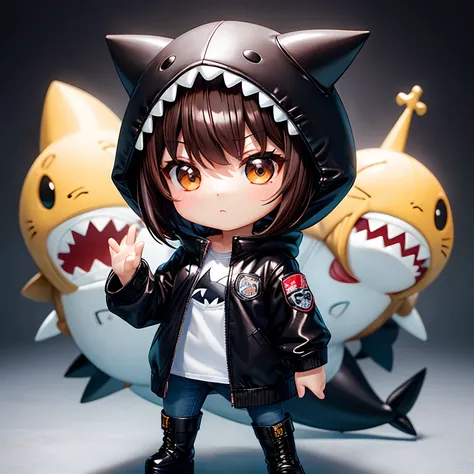 nendoroid,Chibi, ((full body Esbian)), Shark Hat,One girl in black leather raincoat with patch pockets, Wearing jeans, In boots,brown haired, Hairstyle Bob,with brown eye,combat pose, estilo chibi, white backgrounid,