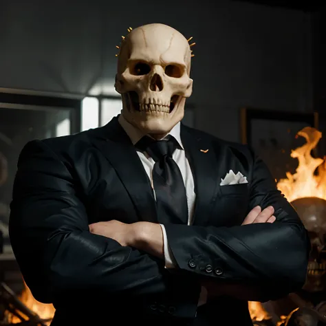 Ghost rider , muscled with huge pecs , hugge torso , huge arms , with a skull head like  with fire , in suit with a tie ans spikes