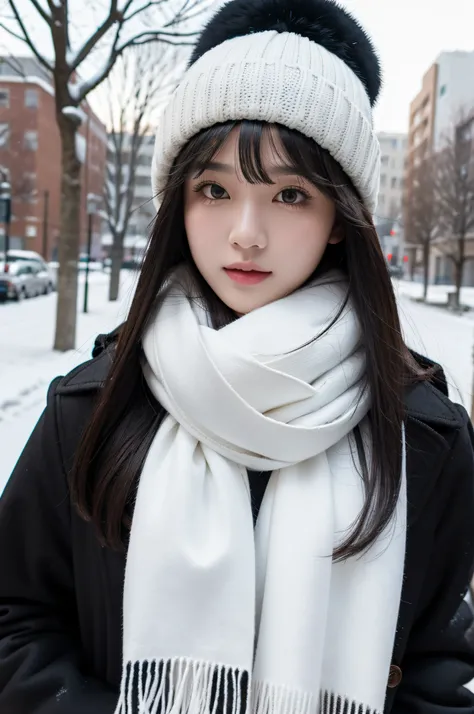 masterpiece, best quality,1girl, solo, black hair, scarf, hat, realistic, looking at viewer, black eyes, long hair, coat, winter clothes, white scarf, lips, bangs, outdoors, closed mouth, upper body