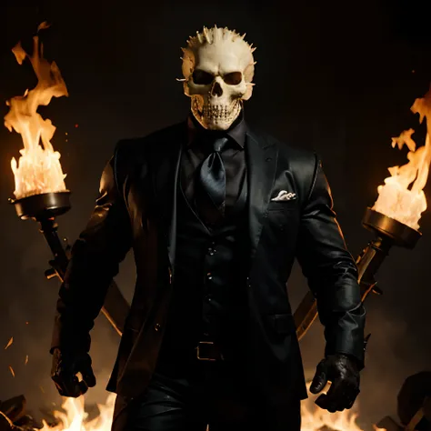 Ghost rider , muscled with huge pecs , hugge torso , huge arms , with a skull head like  with fire , in suit with a tie ans spikes