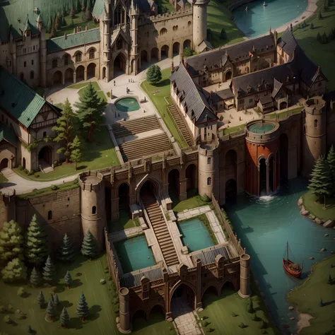 Map of the RPG maker MV， best qualtiy，medieval period，borgar，2D，lakes，(mont)，Red city walls，Climb ladders，the trees，stairways，ultra - detailed，Aesthetics，tmasterpiece，best qualtiy，Castle walls