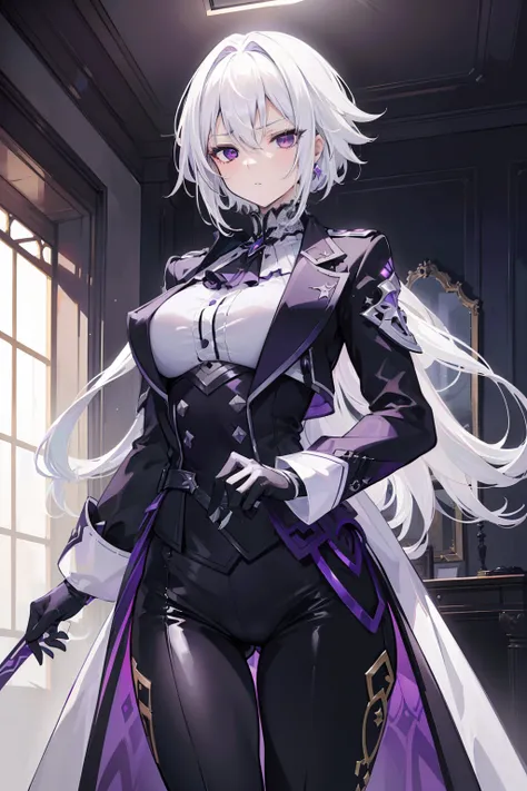 (masterpiece, best quality:1.2), illustration, 8k, hd, 1girl, solo, (((white hair, purple eyes,))) black coat, large breasts, black pants, short hair, indoors, arle suit, serious expression, tall, mature, elegant, black gloves