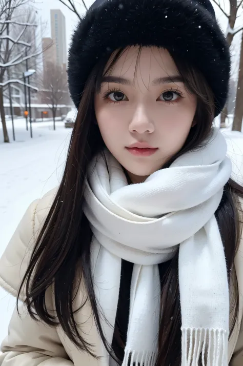 masterpiece, best quality,1girl, solo, black hair, scarf, hat, realistic, looking at viewer, black eyes, long hair, coat, winter clothes, white scarf, lips, bangs, outdoors, closed mouth, upper body