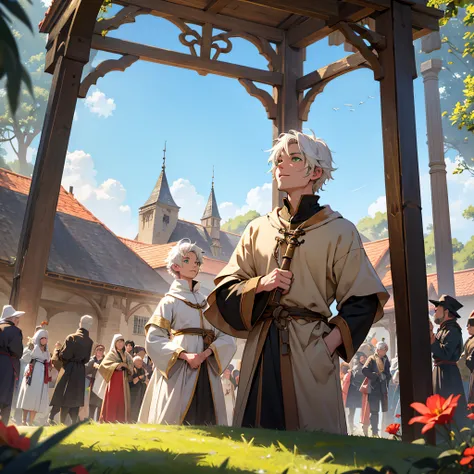 1guy, short white hair, Green eyes, Medieval prince costume, Simple gazebo, Sunny weather, Looking up at sunny weather, Enthusiastic crowd in the background, hight resolution, Ultra-spicy, 8K, Masterpiece