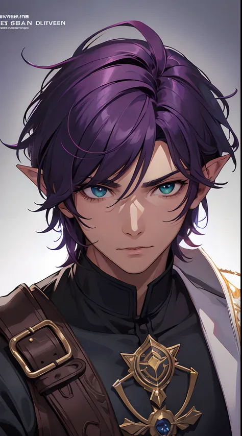 Cover magazine. Solo. Adult Man. A man with dark brown skin. Short hair.  purple hair. Bright purple hair. and green eyes. His ears were pointed. A dark elf. fantasy style of dress. Stumpy. Knight. Handsome. Light background. Maskulin.