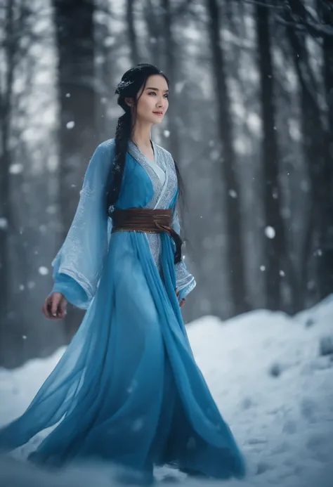 Best quality, 4K picture quality, 1girl, Nadia, blue eyes, blue Hanfu, snow, long black hair fluttering in the wind, healing smile, large aperture, blurred background, superpowered girl, frost Giants, frost elemental