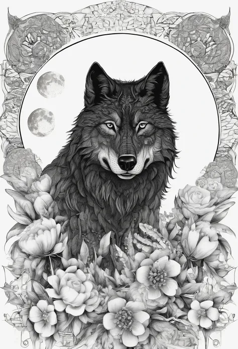 Mystical black wolf with moon flowers around.