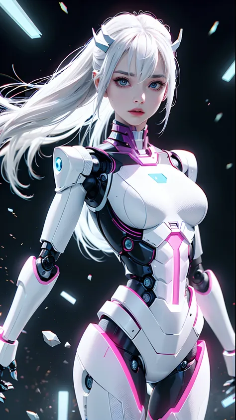 robot-girl, white colored hair, a face without emotion, dressless, iron woman