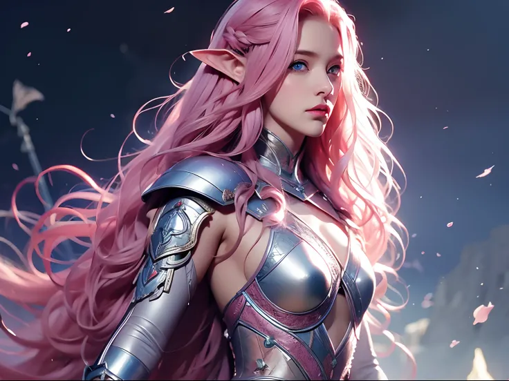 Woman, long curly hair, pink hair, blue eyes, elf, medieval, with a sword, armor, war background, war