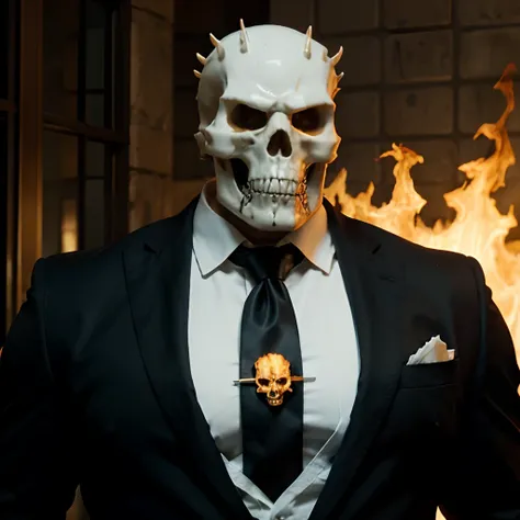 Ghost rider , muscled with huge pecs , hugge torso , huge arms , with a skull head like  with fire , in suit with a tie ans spikes