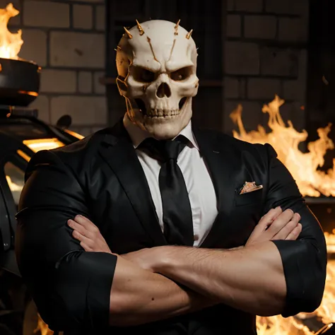 Ghost rider , muscled with huge pecs , hugge torso , huge arms , with a skull head like  with fire , in suit with a tie ans spikes