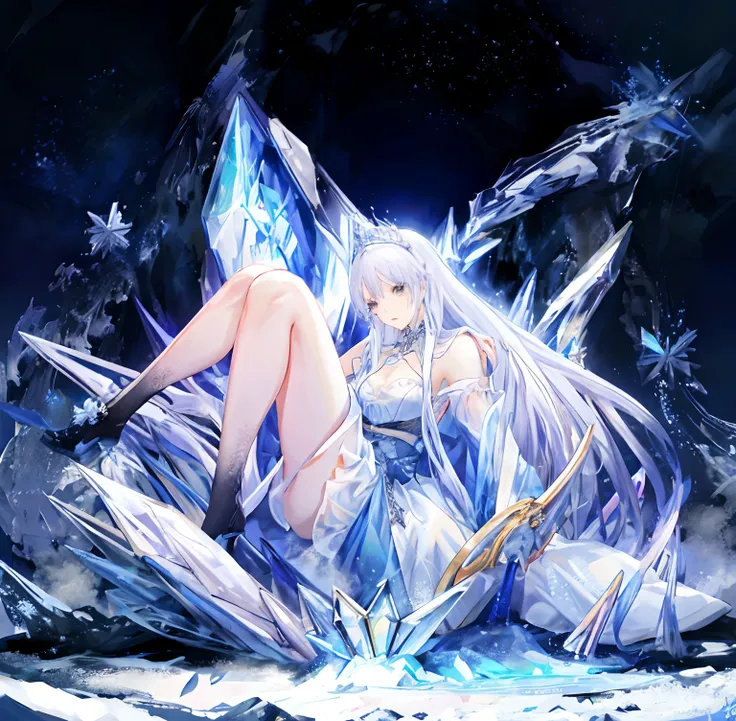 chica anime con cabello largo y blanco y ojos azules acostado en una roca, Reina del hielo y la tormenta, Hechicera de hielo, En un trono helado, helado, Artes del anime, En un trono de cristales, Reina de Hielo, hembra hecha de hielo, high definition anim...