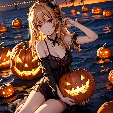 masutepiece、hight resolution、Seaside Girls Halloween Party、Lots of jack-o-lanterns in the ocean、Delicate and accurate writing