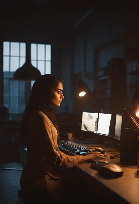 Aesthetic photo, une femme musulmane de face, Behind her is a desk with a gaming computer, Windows, Soft lighting, High Detail, un art conceptuel, un behance, un jet de rayons, volumetric lighting