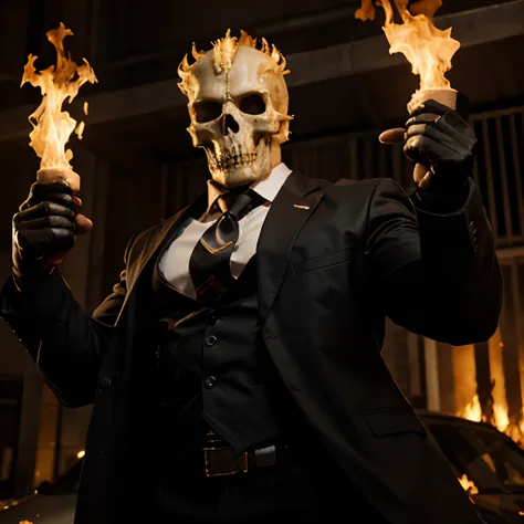 Ghost rider , muscled with huge pecs , hugge torso , huge arms , with a skull head like  with fire , in suit with a tie ans spikes