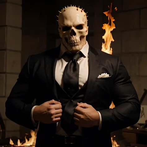 Ghost rider , muscled with huge pecs , hugge torso , huge arms , with a skull head like  with fire , in suit with a tie ans spikes