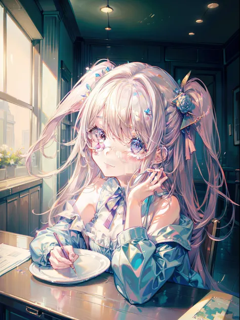 1 cute girl, (sit at the table) ,(hall cake), character focus,upper shoulders, portrait , front ,close to viewer, smile , blush , high resolution,(incredibly absurdres), (hires.fix:1.3),anime visual,extremely detailed CG unity 8k wallpaper, ((masterpiece))...