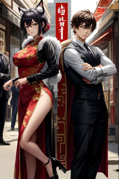 A doujinshi cover with a young male detective and a woman in a Chinese dress back to back, furry, kemono, with some elements of 007, battle manga,