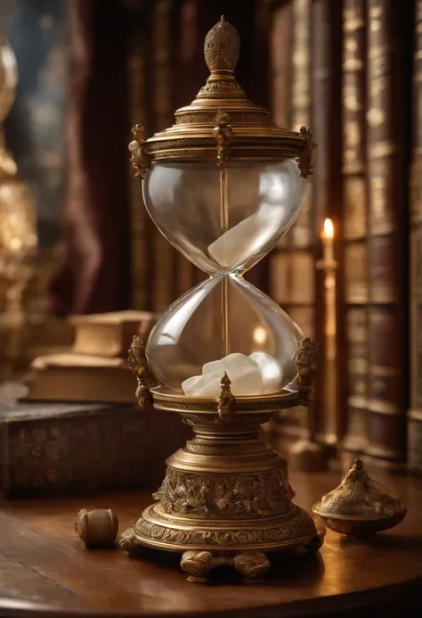 The Time-Slowing Draught is encased in an opulent, hourglass-shaped vial, placed atop an intricately carved pedestal with etchings of celestial bodies and the sands of time. This detailed setting enhances the timeless aura within the ancient, dusty library...