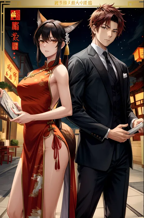 A doujinshi cover with a young male detective and a fox woman in a Chinese dress back to back, furry, kemono, with some elements of 007, battle manga,