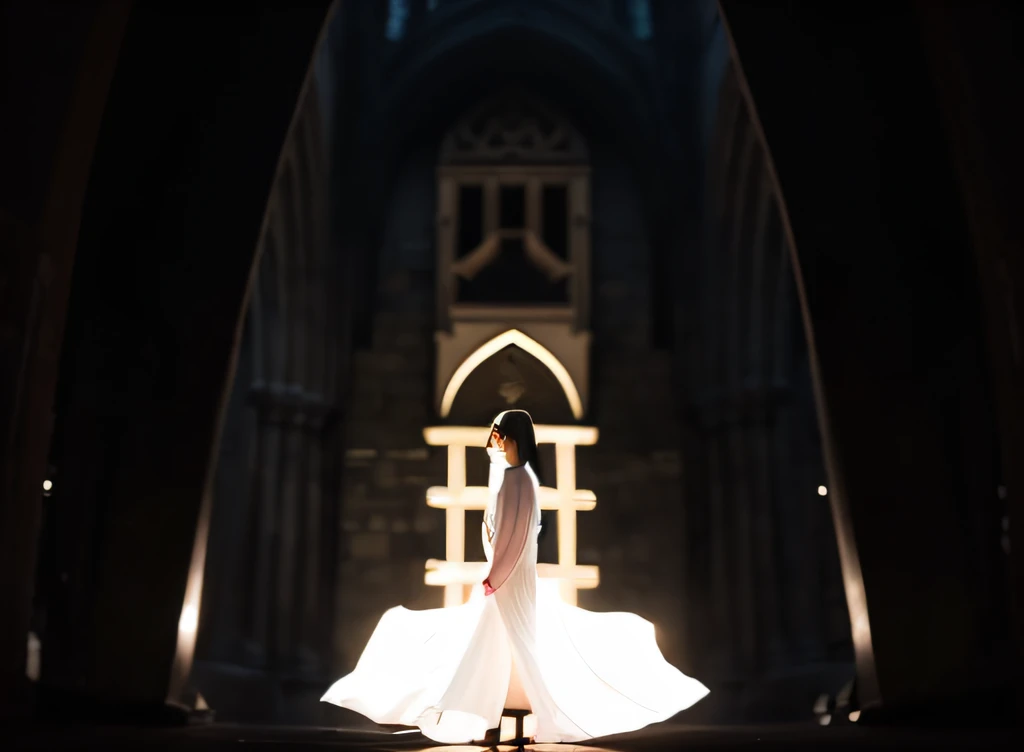 A girl, wearing white robes with, The background is a medieval-style building，The background is dark，The contrast between light and dark，High picture quality，50mm focal length，Backshot