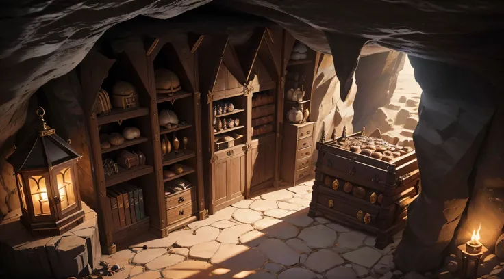 treasure room,  treasure room in a cave, treasure, gold coins, gems, chests, rpg, background for a visual novel, high quality、medieval times, in isekai、unmanned、no Animal、No humans、Private、No humans, Fantasy, unmanned、Rugged construction, (((There are no p...