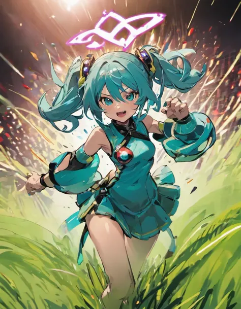 miku hatsune、Shokenbutsu、victory、grass field