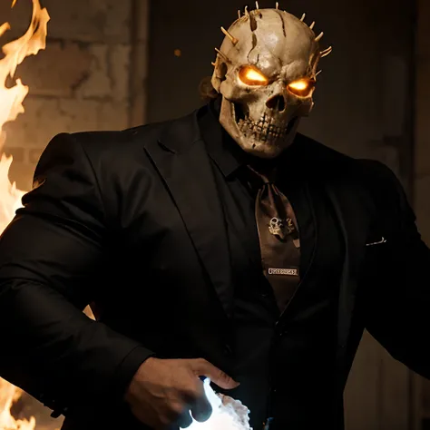 Ghost rider , muscled with huge pecs , hugge torso , huge arms , with a skull head like  with fire , in suit with a tie ans spikes