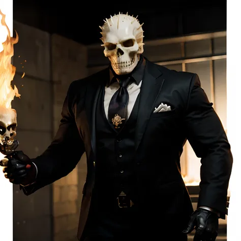 Ghost rider , muscled with huge pecs , hugge torso , huge arms , with a skull head like  with fire , in suit with a tie ans spikes