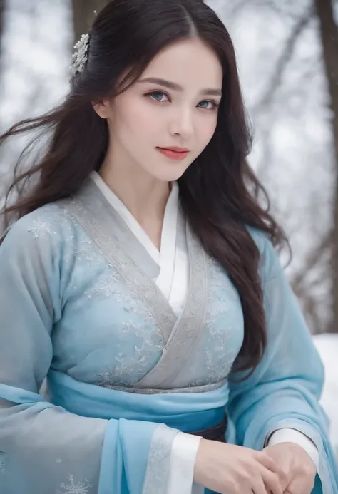 Best quality, 4K picture quality, 1girl, Nadia, blue eyes, blue Hanfu, snow, long black hair fluttering in the wind, healing smile, large aperture, blurred background, superpowered girl, frost Giants, frost elemental