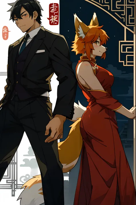 A doujinshi cover with a young male detective and a fox woman in a Chinese dress back to back, furry, kemono, with some elements of 007, battle manga,