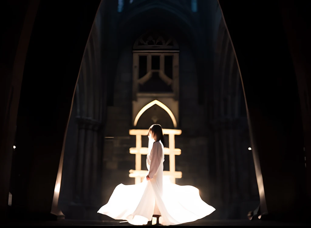 A girl, wearing white robes with, The background is a medieval-style building，The background is dark，The contrast between light and dark，High picture quality，50mm focal length，Backshot