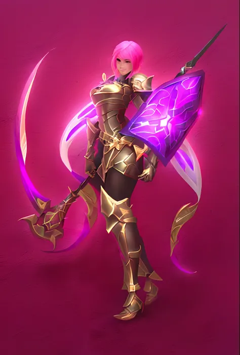 Un primer plano de una persona con una espada y una espada, Armadura plateada afilada piel fucsia, Piel fucsia debajo de la armadura, Piel fucsia debajo de la armadura, Armadura rosa resbaladiza, Chica armadura, Katarina de League of Legends, streamlined p...