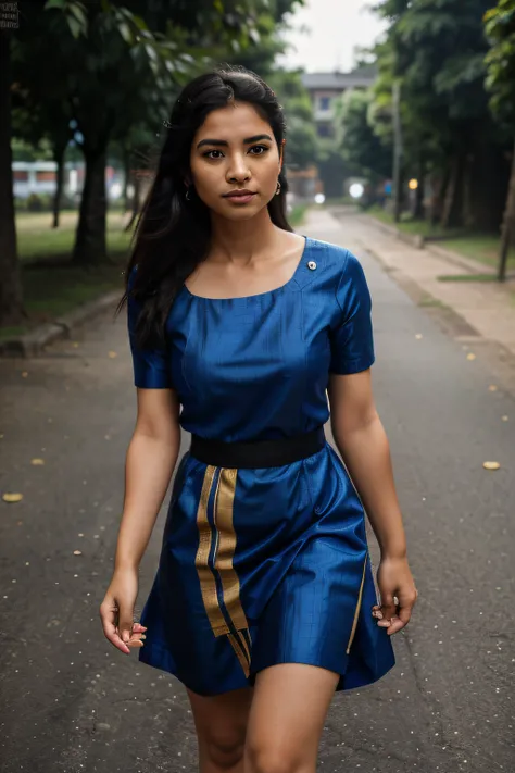 arafed woman walking, blue and black dress, photo of a woman, mid shot portrait, candid picture, 7 0 mm portrait, photo of young woman, 60mm portrait, candid portrait photo, wearing bihu dress mekhela sador, portait image, candid portrait, taken with canon...