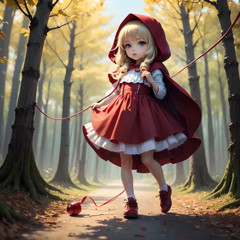 ​masterpiece、top-quality、ultra-detailliert、(Chibi Chara:1.3)、(Little Red Riding Hood:1.5),(skipping rope:1.3)，White Yoga Fashion、Fairytale autumn forest、full body Esbian、