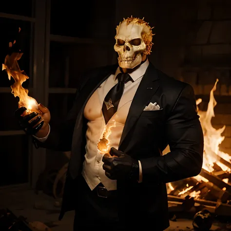 Ghost rider , muscled with huge pecs , hugge torso , huge arms , with a skull head like  with fire , in suit with a tie ans spikes