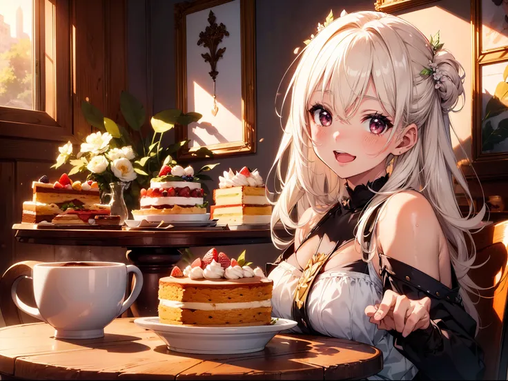 1 cute girl, (sit at the table) , coffee ,(many cakes), character focus,upper shoulders, portrait , front ,close to viewer, smile , open mouth,blush , high resolution,(incredibly absurdres), (hires.fix:1.3),anime visual,extremely detailed CG unity 8k wallp...