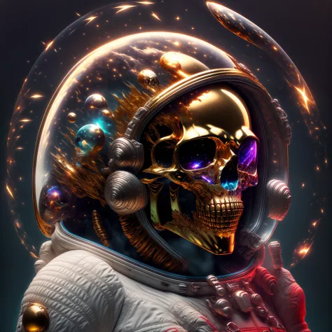 tmasterpiece, best qualityer, starrysky，Stylized astronaut helmet and skull，Complex design，Super detailed vector artwork，floatking，dynamic viewing angle，metallic  luster，Complicated details，Holographic Display，Atmospheric effects，sci-fi themed，first-person...