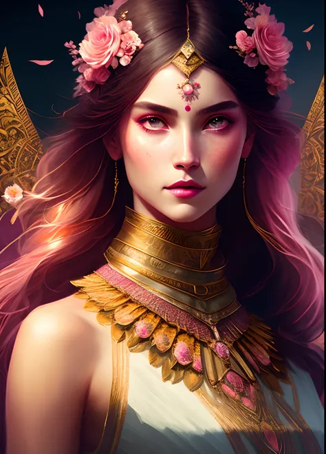 (samdoesart:1.1) (DreamLikeArt:1) Kuvshinov (Symmetry:1.1) (Floral Portrait:1.05) A woman as a beautiful goddess, (Assassins Creed style:0.8), pink and gold and opal color scheme, beautiful and intricate Filegrid face painting, intricate, elegant, highly d...