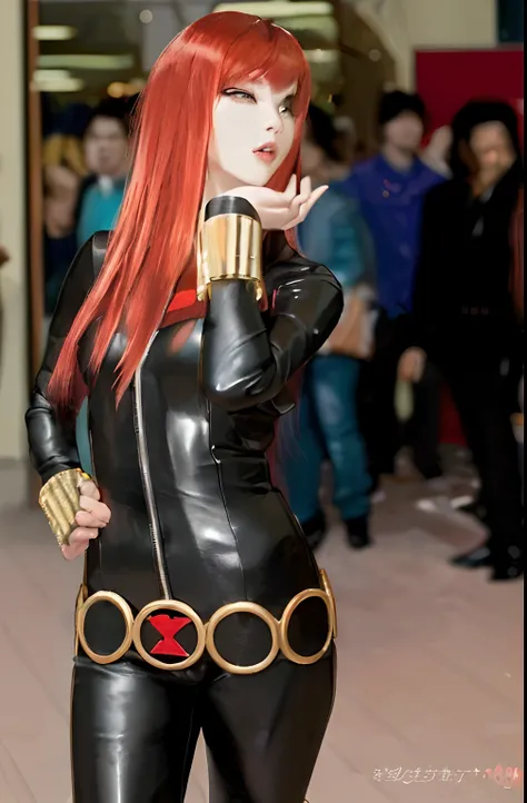 A woman with long red hair is the primary focus of the image. She is dressed in a shiny black leather suit, adorned with golden wristbands and a belt. The suit features an X-shaped detail on it. She is seen expressing through her hand gestures as if shes a...