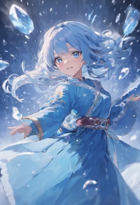 Best quality, 4K picture quality, 1girl, Nadia, blue eyes, blue Hanfu, snow, long black hair fluttering in the wind, healing smile, large aperture, blurred background, superpowered girl, frost Giants, frost elemental