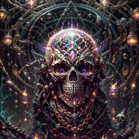 dark rune skeleton lich skull close-up, black gold openwork, magical void energy, glowing eyes,there is a fire emission in the e...