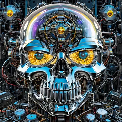 (Best quality, 8K,A high resolution,Masterpiece:1.2,Ultra-detailed), （Futuristic robot skull, Close-up of the head）, colorful neon, High-tech mechanical parts, Metal skeletons, Bionic eye, Detailed texture design, hovers in mid-air,Electric white and brigh...