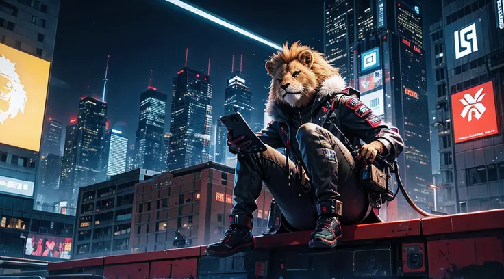 a lion holding a smartphone, sitting on the roof of a building in a cyberpunk city, its night